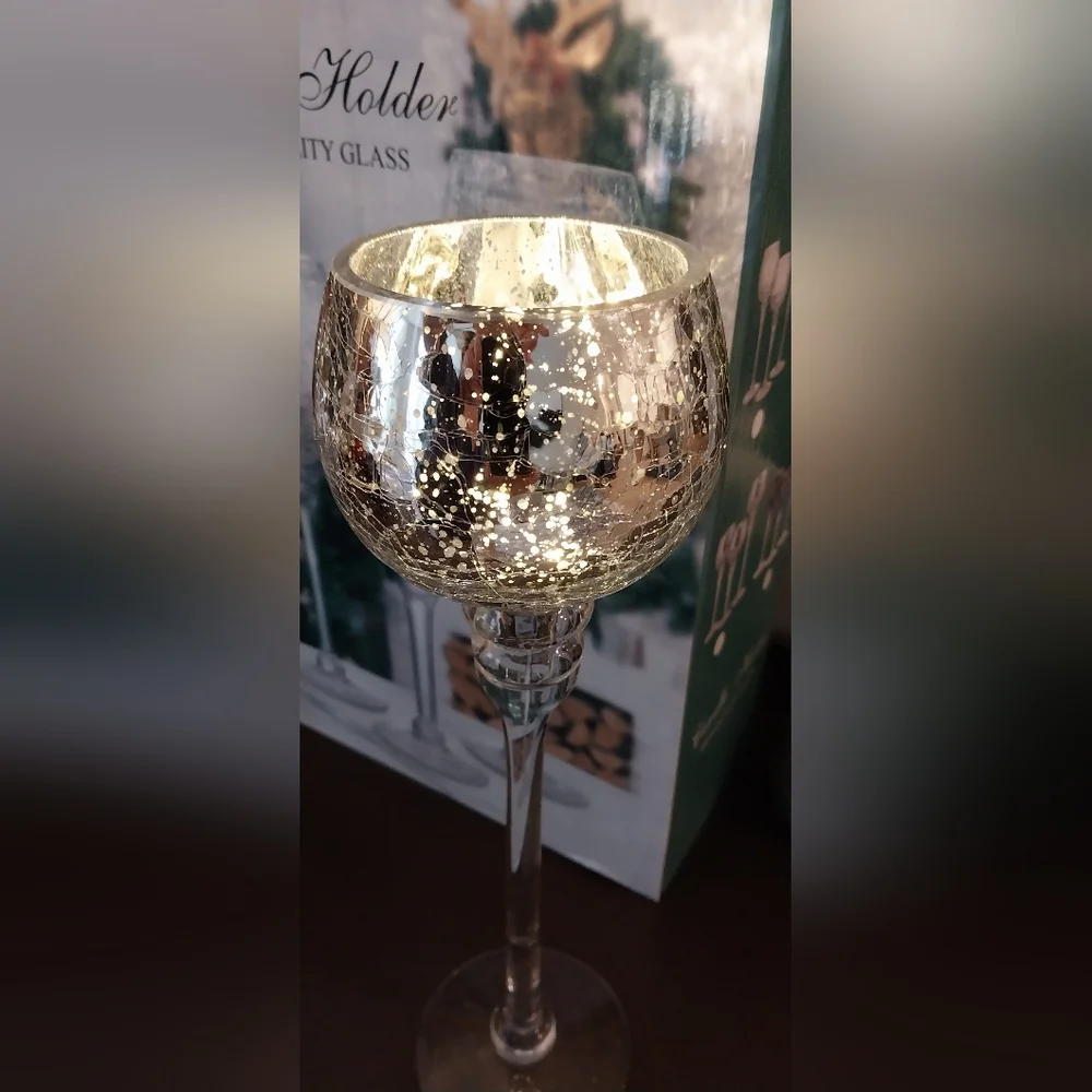 Silver Goblet Crackle Glass Candle Holders (Set of 3) - Picture 4 of 4